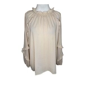 Loft Outlet Houndstooth Blouse Ruffle Neck‎ Long Sleeve Top Size Small